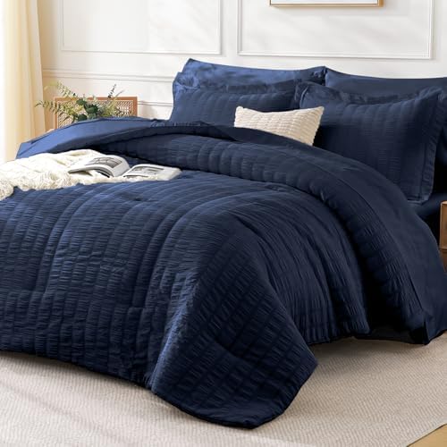 FreshCulture Comforter Set Seersucker 7 Pieces, All Season Bedding Set Queen, Bed in a Bag Comforter Set with 1 Comforter, 1 Flat Sheet, 1 Fitted Sheet, 2 Pillowcases and 2 Pillow Shams, Navy