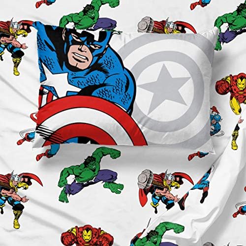 Jay Franco Kids Sheet Cartoon Set with Fitted, Flat Sheets & Pillow Cover - Ultra-Soft Bedding with Pillowcase for Room Decor, White - Avengers, 3 Piece Twin