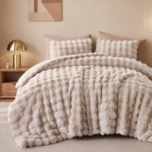 Smoofy Fluffy Faux Rabbit Fur Bubble Comforter Queen Size - Linen