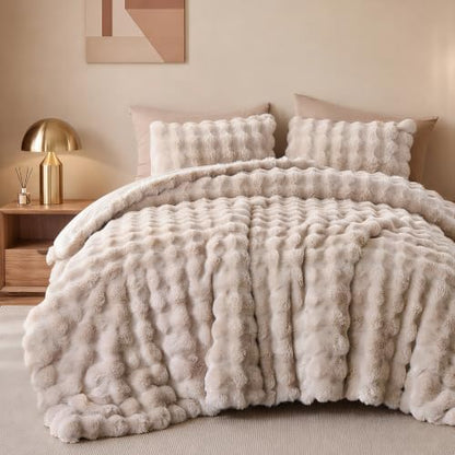 Smoofy Fluffy Faux Rabbit Fur Bubble Comforter Queen Size - Linen