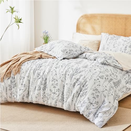 Love's cabin White King Size Comforter Set - King Comforter Set, 3 Pieces Cute Floral Bedding Sets for All Seasons,1 Soft Reversible Botanical Flowers Comforter and 2 Pillow Shams