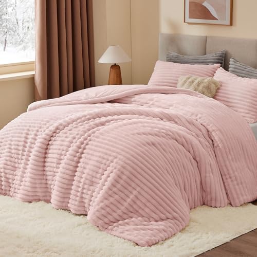 BEDELITE Fleece Queen Comforter Set, Fluffy Bed Set, Pink