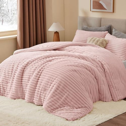 BEDELITE Fleece Oversized Queen Comforter Set, Fluffy Bed Set, Pink