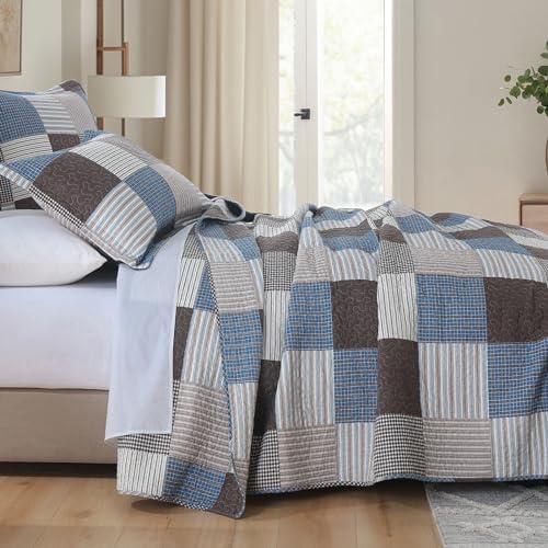 Y-PLWOMEN 100% Cotton Quilts Queen Size Farmhouse Plaid 3-Pieces Bedding
