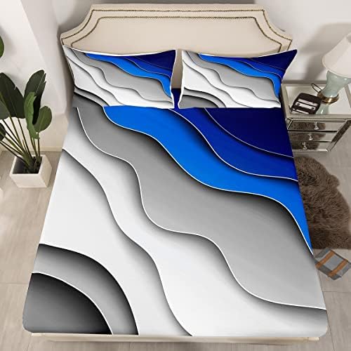 Feelyou Abstract Ombre Bed Sheets Men Adults Teens Ocean Waves Striped Blue Grey White Sheet Set Kids Boys Girls Modern Gradient Contemporary Bed Set Bedroom Collection 4Pcs Queen Size