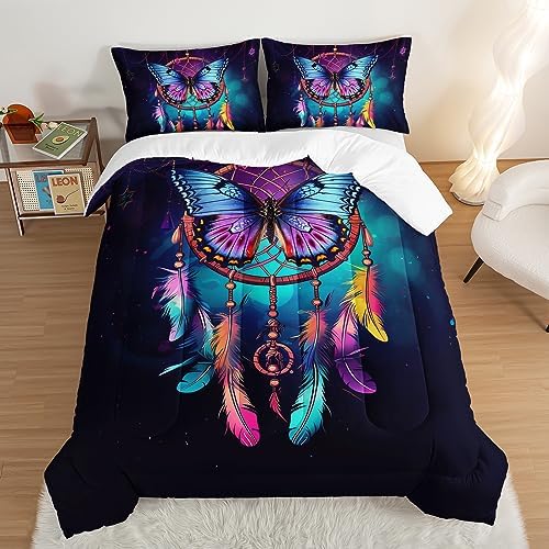 HOSIMA Dream Catcher Comforter Set 3Pcs,Indian Hippie Feather Twin Comforter Boho Chic Bedding Set for Teens Adults Girls Room Decor Native American Gypsy Butterfly Comforter.