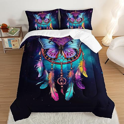 HOSIMA Dream Catcher Comforter Set 3Pcs,Indian Hippie Feather Twin Comforter Boho Chic Bedding Set for Teens Adults Girls Room Decor Native American Gypsy Butterfly Comforter.