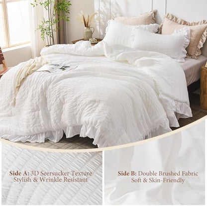 JOLLYVOGUE White Comforters Queen Size, 3 Pieces Ruffle Seersucker Queen Comforter Set for All Season, Lightweight Soft Shabby Chic Bedding Sets for Women（1 Comforter, 2 Pillowshams）