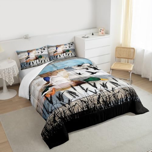 Homewish Cute Duck Comforter Set King Size Kids Nature Wild Animals Bedding Set 3Pcs Grey Blue Rustic Wooden Barn Quilt Set for Kids Girls Boys Adult Room Decor Men Hunting Duvet Insert,2 Pillowcases