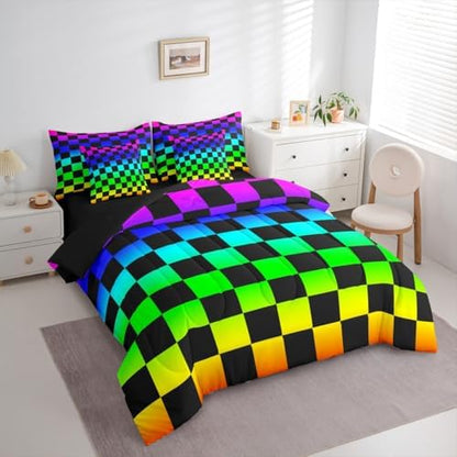 Multicolored Checkered Retro Comforter Set with Sheets 7 Piece Full Size Geometric Vintage Bed in a Bag Kids Boys Girls Colorful Bedding Set Modern Groovy Aesthetic Bedroom Decor Breathable Soft
