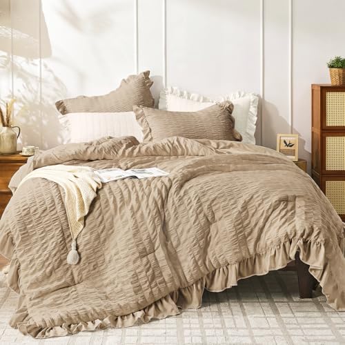JOLLYVOGUE Khaki Oversized Queen Comforter Set,3pcs Seersucker Bed Set