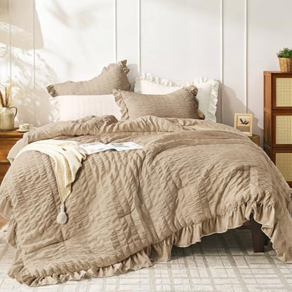 JOLLYVOGUE Khaki Oversized King Comforter Set,3pcs Seersucker Bed Set