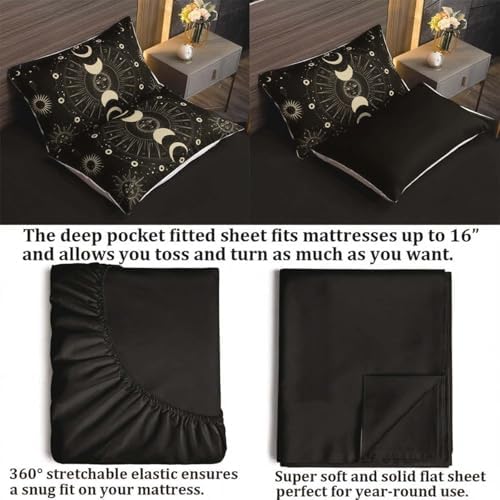 Black Galaxy Comforter Queen - Boho Witchy Hippie Starry Galaxy Goth Bedding - 7 Pieces Lightweight Rust Sun Moon Comforter Set