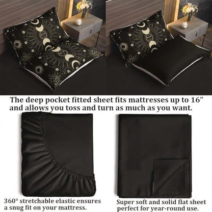 Black Galaxy Comforter Queen - Boho Witchy Hippie Starry Galaxy Goth Bedding - 7 Pieces Lightweight Rust Sun Moon Comforter Set