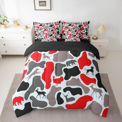 Erosebridal Deer Hound 7 Piece Bedding Set Twin Camo Comforter Set with Sheets Turkey Bear Retro Wolf Pattern Bed in a Bag Red Woods Army Camouflage for Kids Boys Girls