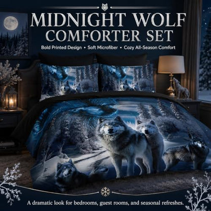 AILONEN Boys Snow Wolf Comforter Set Full 7-Piece Bed in a Bag - Printed Bedding Set for Kids Adults, Safari Animal Comforter, Fitted Sheet, Flat Sheet, 2 Pillowcases, 2 Pillow Shams - Black