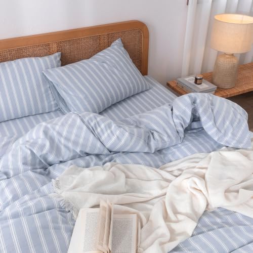 BESTOUCH Striped Cotton Duvet Cover Set Linen Feel Super Queen