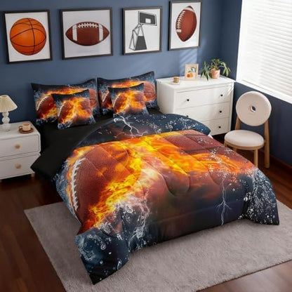 Erosebridal Rugby Football Basketball Themed Comforter 7Pcs - 3D Gaming Sport Bedding Set for Kid Teen Girl Boy Adult Balls Sports Games Ice and Fire Ball Pattern Bed in A Bag King Size