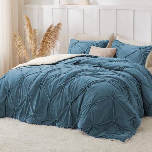 BEDELITE Fluffy Sherpa Queen Comforter Set,Pintuck-Blue Fog