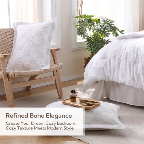 MR&HM Queen Comforter Set 7 Pieces, Checkered Boho Tufted Bed Set White