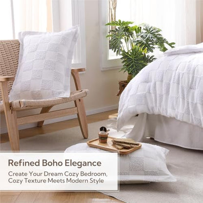 MR&HM Queen Comforter Set 7 Pieces, Checkered Boho Tufted Bed Set White