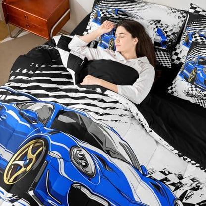 jejeloiu Blue Race Car Comforter Set with Sheets Queen Size for Kids Boys Girls Checkerboard Racing Flag 7 Pieces Bedding Set Cartoon Bed in a Bag Bedroom Decor Soft Lightweight Microfiber