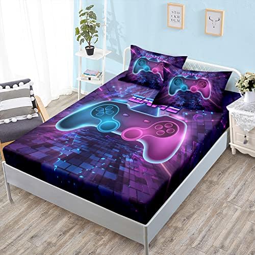 HOSIMA Kids Boys Gamepad Fitted Sheet Full,1 Fitted Sheet+2 Pillowcases.