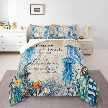 Homewish Jellyfish Comforter Set Full Size,Nautical Anchor Lighthouse Bedding Set 3Pcs for Kids Girls Boys Teens Room Decor,Ocean Animals Quilt Set Vintage Bible Quotes Duvet Insert,2 Pillowcases