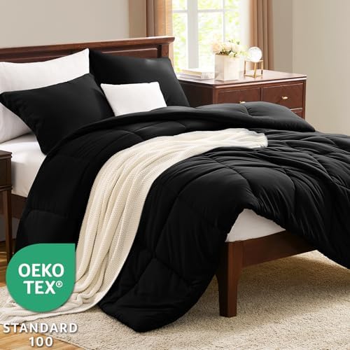 CozyLux Queen Comforter Set Black - 3 Pieces Box Stitched Comforters Queen Size, Soft Bed Set for All Seasons, Lightweight Bedding Sets with 1 Down Alternative Comforter and 2 Pillow Shams (Pack of 2)