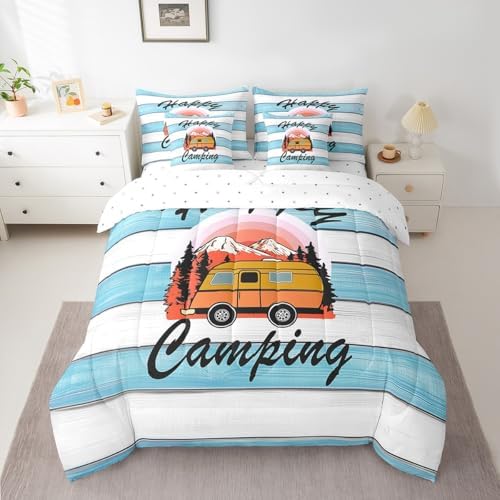 Erosebridal Happy Camping Comforter Set Queen Size,Cartoon RV Bedding Set for Kids Teens,Blue Wooden Plank (Comforter+Fitted+Flat Sheet+2 Pillowcases+2 Throw Pillow Covers) 7 Pieces Bed Set