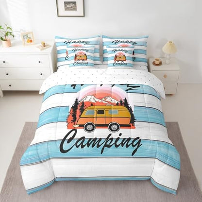 Erosebridal Happy Camping Comforter Set Queen Size,Cartoon RV Bedding Set for Kids Teens,Blue Wooden Plank (Comforter+Fitted+Flat Sheet+2 Pillowcases+2 Throw Pillow Covers) 7 Pieces Bed Set