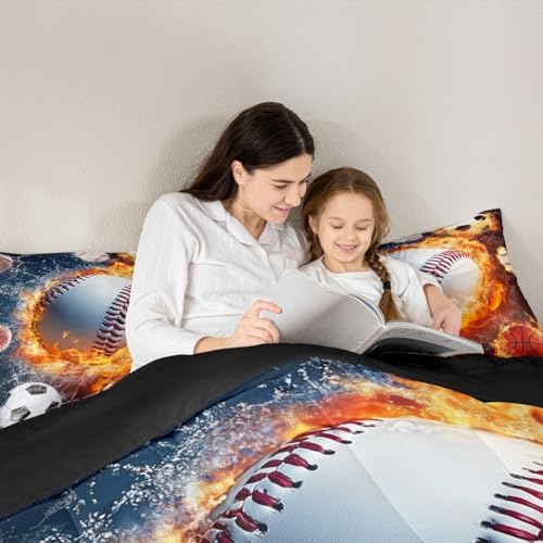 Erosebridal Kids Baseball Bedding Set for Boys King Teen Sports Baseball Comforter Set Football Soccer Bedding Comforters,Lightning Basketball Quilt Duvet Red Blue Water Fire Decor All Season 3 Pcs