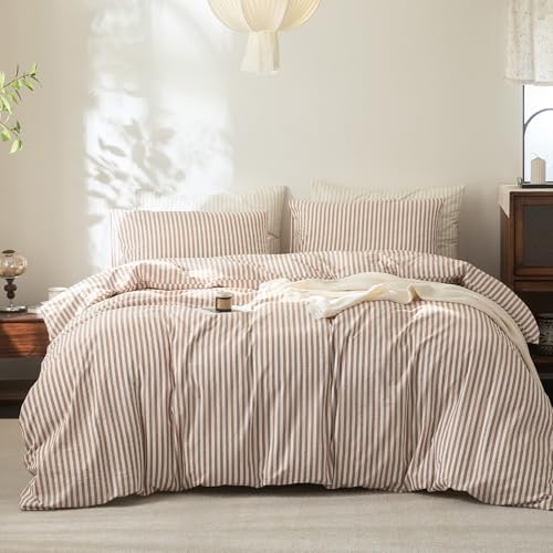 FOSSA Striped Duvet Cover Set 100% Washed Cotton Linen Feel Twin