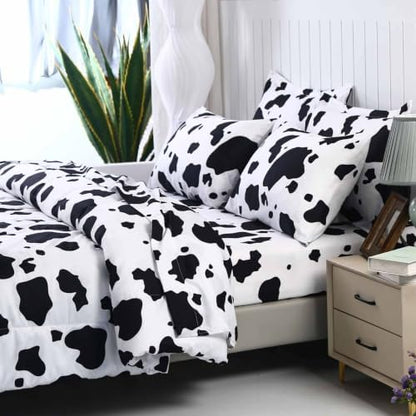 SDY 7 PCS Cow Comforter Set Twin Size, Animal Print Sheet Set for All Season, Bed in a Bag with 1 Comforter, 1 Fitted Sheet, 1Flat Sheet, 2 Pillowcases and 2 Pillow Shams