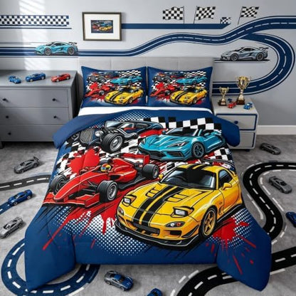 Feelyou Boys Race Car Bedding Set Soft for Boys Girls, Speed Sports Car Comforter Set Queen Size Extreme Sports Duvet Quilt Microfiber Automobile Bedroom Decor 3 Pcs with 2 Pillow Cases