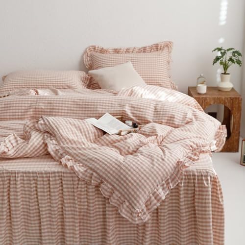 mixinni Vintage Pink Gingham Ruffle Comforter Set 3-Piece Washed Cotton Twin XL Size Grid Bedding Set with Geometric Checkered Pattern, Farmhouse Chic Soft Fluffy Comforter for All-Season
