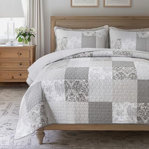 SLPR - Silver Linings Patchwork Gray Cotton Quilt Set, King with 2 Shams