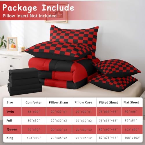 Feelyou Checkered 7 Piece Bedding Set Teen Red Black Plaid Comforter Set with Sheets Queen Size Kids Boys Cute Retro Neutral Checkerboard Geometric Bed in a Bag Vintage Aesthetic Room Decor