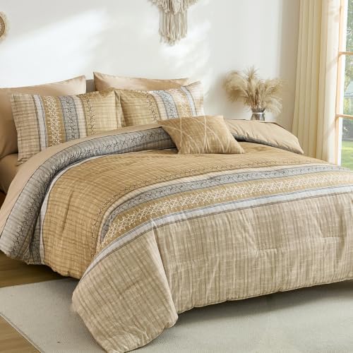 Dintszyayue Khaki King Comforter Size Set, 8 Pieces Striped Boho Texture Bed in a Bag Sets, Lightweight Soft Bohemian Comforter and Sheet Set, All Season Microfiber Bedding Sets for Men Women