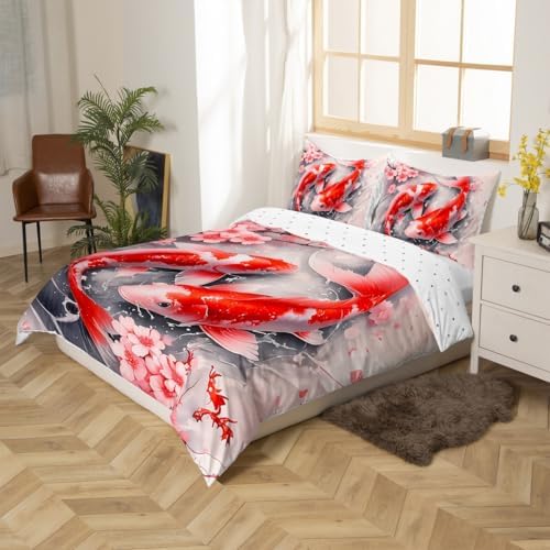 Feelyou Kids Japanese Koi Fish Duvet Cover Twin Size Cherry Blossoms Bedding Set Boys Girls Japanese Style Comforter Cover Set Sakura Flower Floral Botanical Spring Bedspread Cover（No Comforter