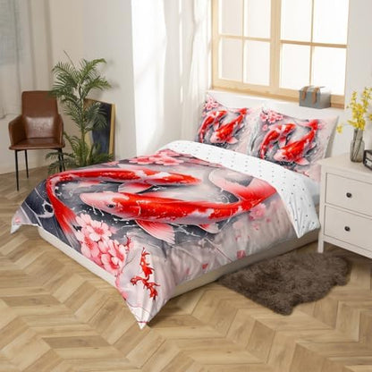Feelyou Kids Japanese Koi Fish Duvet Cover Queen Size Cherry Blossoms Bedding Set Boys Girls Japanese Style Comforter Cover Set Sakura Flower Floral Botanical Spring Bedspread Cover（No Comforter