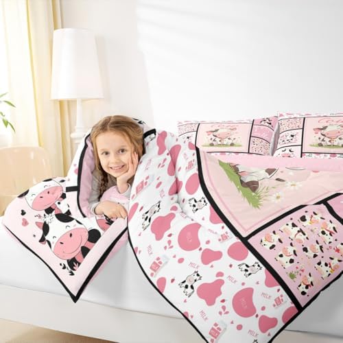 Cute Cow Print Comforter Set Full Size Kawaii Highland Cow Bedding for Boys Girls Lovely Farmhouse Animal Decor Bedding Comforter Sets Pink Milk Cow Print Duvet Insert Plaid Stripe Quilt