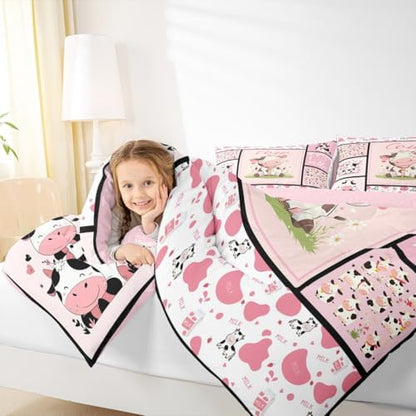 Cute Kawaii Highland Cow Comforter Set - Twin Size Pink Milk Cow Print Duvet Insert and Plaid Stripe Quilt
