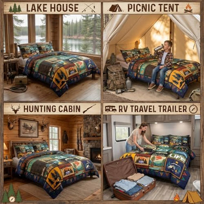 Erosebridal 7Pcs Camper Twin Comforter Set for Kids Girls Boys Camping Themed Bedding Sets with Sheets RV Camping Decor, Country Farmhouse Quilt Bed Set with Fitted Sheet for Travel Trailers