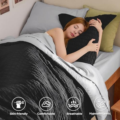 HYMOKEGE Black/Light Grey Twin XL Comforter Set Seersucker 5 Pieces, All Season Luxury Bed in a Bag for Bedroom, Bedding Set with Comforter, Sheets, Pillowcase & Sham
