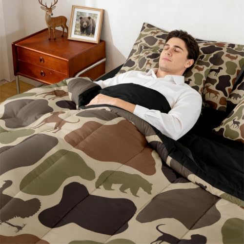 Erosebridal Deer Bear 7 Piece Bedding Set Queen Camo Comforter Set with Sheets Hound Turkey Wolf Army Print Bed in a Bag Brown Farmhouse Camouflage for Kids Boys Girls