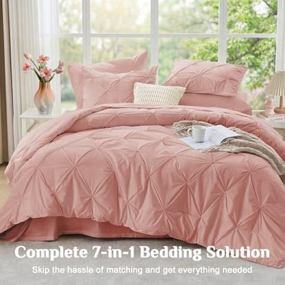 JOLLYVOGUE California King Comforter Set 7 Pieces - Bed in a Bag Cal King for All Season, Pintuck Bedding Comforter Sets with Comforter, Flat Sheet, Fitted Sheet and Pillowcases & Shams, Rose Brown
