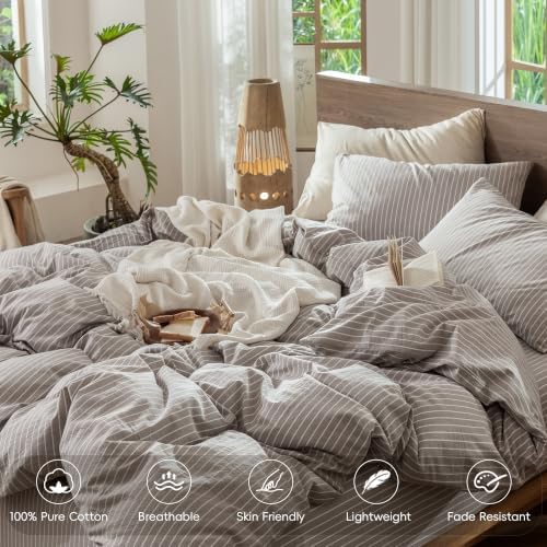 MooMee Striped Duvet Cover Set 100% Washed Cotton Linen Like Queen