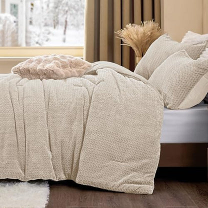 ChiXpace Fleece Twin Size Comforter Set Linen, Fluffy Bed Set 2 Pieces
