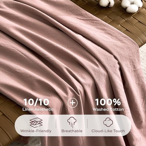 JELLYMONI 100% Washed Cotton Darker Rose Duvet Cover Twin, Linen-Like